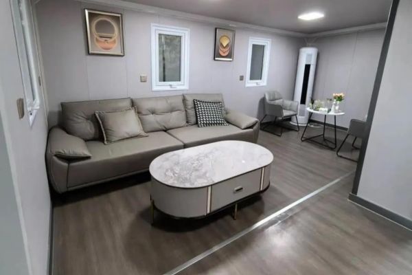 Salon moderne avec canapé en cuir et table basse dans une maison modulaire