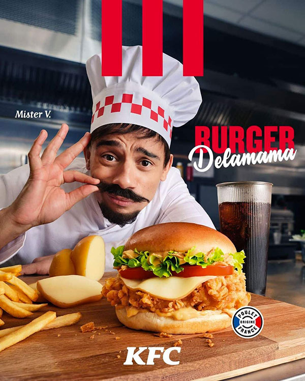 Publicité du Burger Delamama KFC avec Mister V, burger garni, frites et boisson