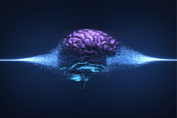 Visualisation 3D d'un cerveau numérique entouré de particules lumineuses pour parler d'intelligence artificielle, de marketing et d'humain