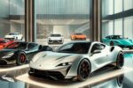 Showroom de voitures de luxe avec des supercars comme Ferrari Roma, Lamborghini Urus, et Porsche Taycan...