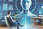 Illustration d'une thérapie mentale assistée par intelligence artificielle, montrant une interaction entre une personne et un hologramme dans un environnement futuriste.