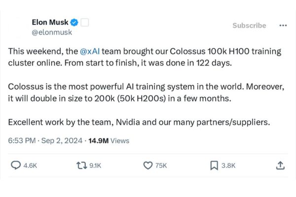 Tweet d'Elon Musk annonçant la mise en ligne du supercalculateur Colossus, le système de formation IA le plus puissant au monde avec 100 000 H100, qui doublera à 200 000 dans les prochains mois.