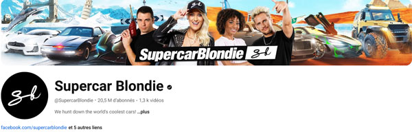 Capture d'écran de la page de chaîne YouTube de Supercar Blondie avec 20,5 millions d'abonnés, montrant l'équipe de présentation et divers supercars en arrière-plan.