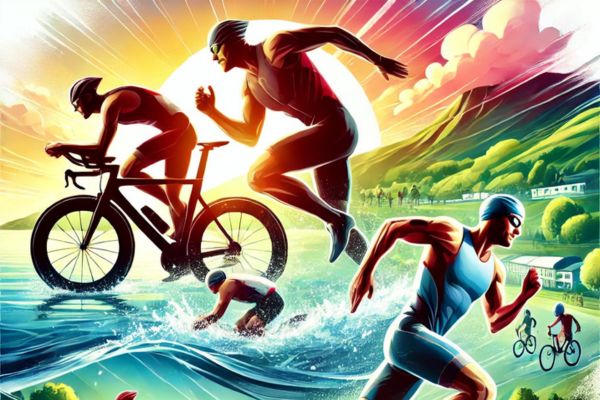 Illustration d'une course de triathlon avec des athlètes nageant, faisant du vélo et courant dans une compétition d'endurance, avec un paysage naturel en arrière-plan.