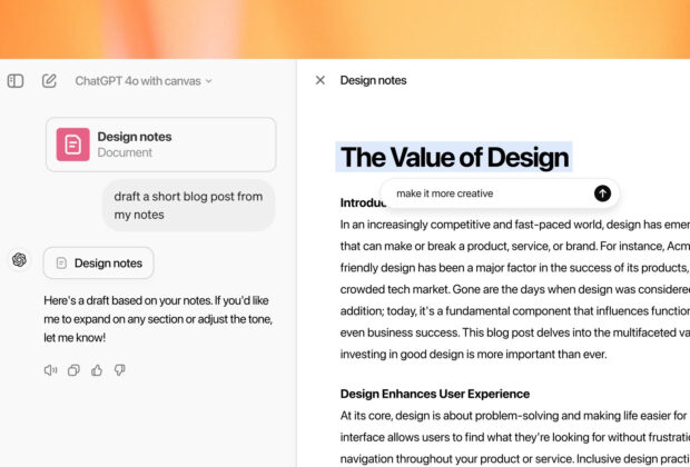 Capture d'écran montrant l'interface de ChatGPT 4 avec Canvas, utilisée pour rédiger un article de blog sur la valeur du design. Le système génère des suggestions d'amélioration pour le texte, mettant en valeur l'interactivité de l'outil.