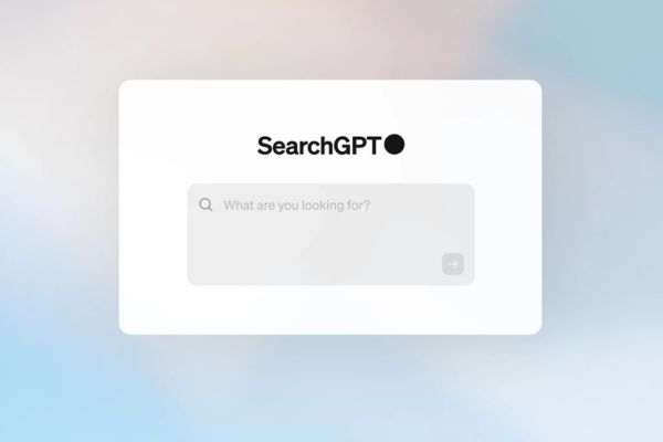 Écran de recherche ChatGPT Search avec champ de saisie, interface moderne