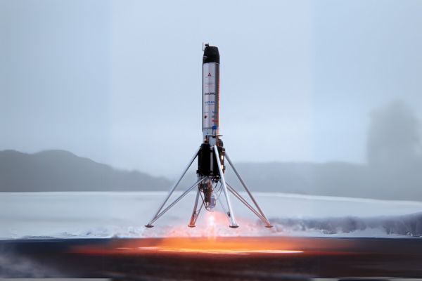 Photo de la fusée Colibri du Gruyère Space Program, effectuant un atterrissage vertical en Suisse, démonstration de technologie VTVL.