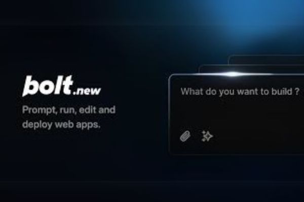 Capture d'écran de bolt.new, montrant l'interface pour créer, exécuter et déployer des applications web instantanément.