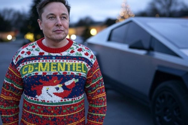 Elon Musk portant un pull moche de Noël CD-MENTIEL, avec un Cybertruck Tesla en arrière-plan.