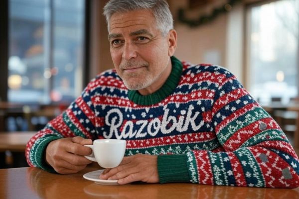 George Clooney portant un pull moche de Noël Razobik, motifs rétro et festifs.