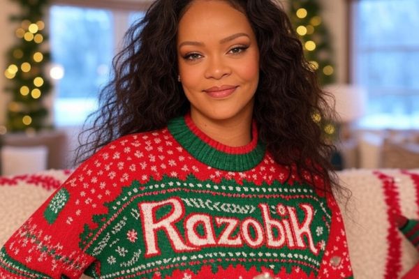 Rihanna portant un pull moche de Noël Razobik, rouge et vert, avec motifs festifs.