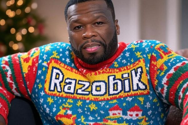 50 Cent portant un pull moche de Noël Razobik, style rétro coloré.