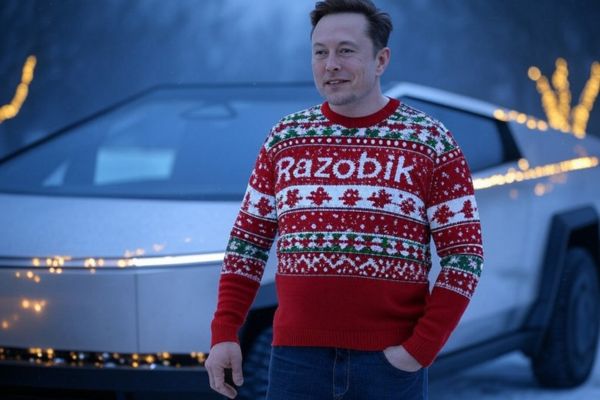 Elon Musk portant un pull moche de Noël Razobik rouge et blanc devant un Cybertruck décoré de lumières.