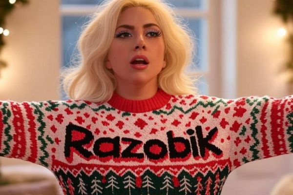 Lady Gaga portant un pull moche Razobik blanc et rouge avec des motifs festifs.