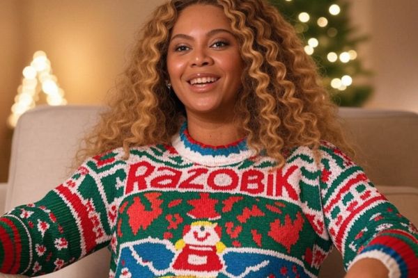 Beyoncé portant un pull moche de Noël Razobik aux motifs colorés, assise devant un sapin de Noël.