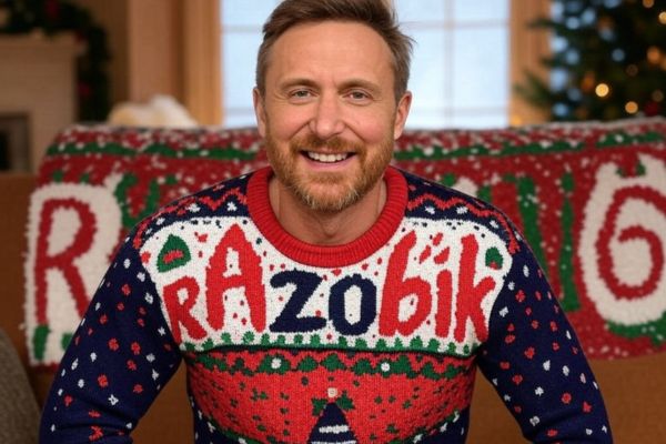 David Guetta portant un pull moche de Noël Razobik bleu et rouge avec des motifs festifs.