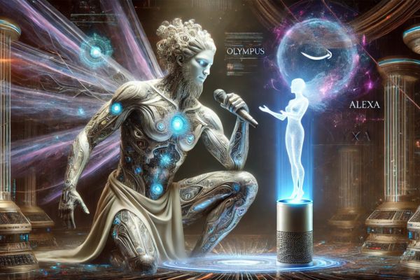 Illustration de l'intelligence artificielle Olympus d'Amazon discutant avec Alexa, une scène futuriste où le colosse Olympus interagit avec une petite IA représentée en hologramme.