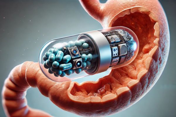 Image réaliste de la capsule médicale PillBot d'Endiatx, explorant l'intérieur de l'estomac humain. Cette capsule innovante est équipée de caméras haute résolution, de capteurs sophistiqués, et d'un système de propulsion pour le diagnostic gastro-intestinal.