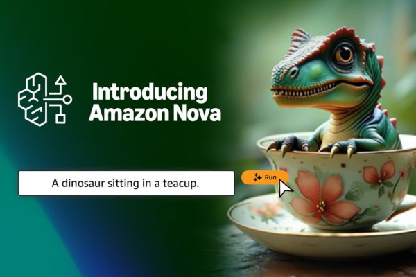 Image générée par l'IA Amazon Nova représentant un dinosaure assis dans une tasse, démontrant les capacités de création visuelle innovantes de cette technologie.