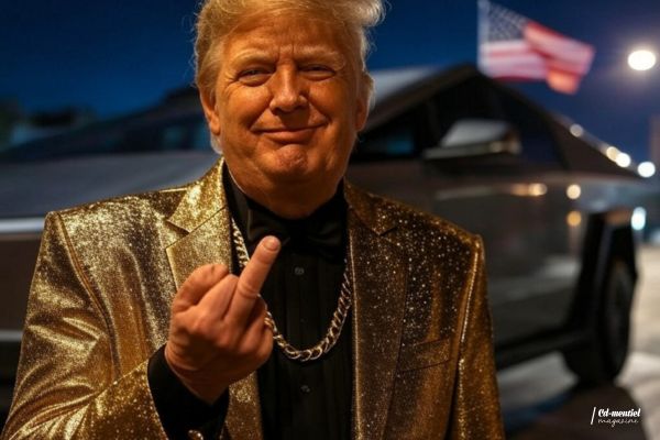 Donald Trump dans un costume doré avec une pose provocatrice, symbolisant l'influence des personnalités publiques sur le marché des cryptomonnaies.