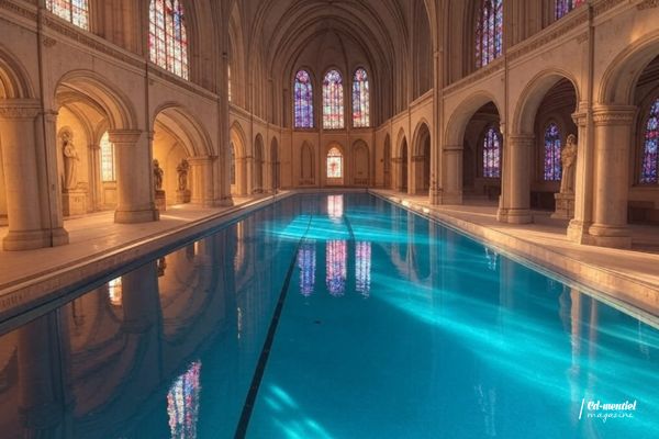 Piscine zen aménagée dans une église pour une expérience de calme et de détente.