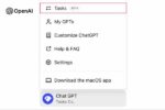 Capture d'écran de l'interface ChatGPT montrant l'option Tasks en version beta, avec les options de personnalisation, paramètres et téléchargement de l'application macOS.