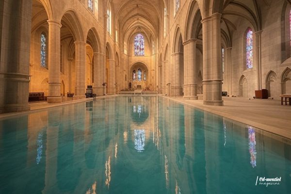 Église transformée en piscine intérieure avec une architecture impressionnante.