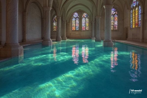 Piscine dans une église gothique avec des vitraux colorés et une ambiance apaisante.