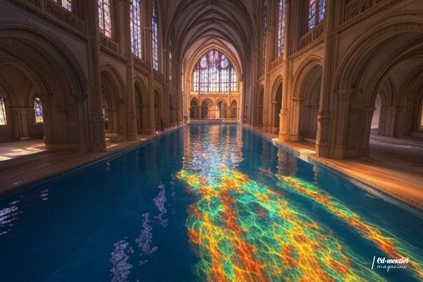 Piscine dans une église avec des vitraux colorés créant une ambiance lumineuse et sereine.