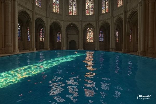 Piscine dans une église illuminée par des vitraux colorés, offrant une ambiance unique.