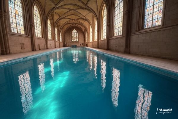 Piscine olympique calme dans une église historique, fusionnant patrimoine et modernité.