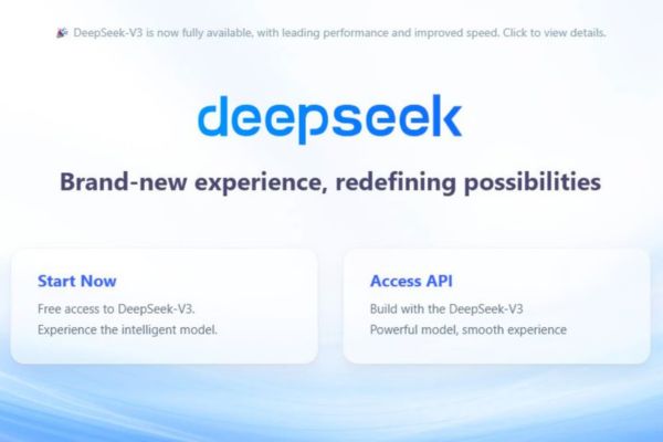 Capture d'écran de l'interface DeepSeek-V3, modèle d'IA chinois, montrant une interface moderne avec des options pour accéder à l'API, démarrer l'expérience et tester gratuitement le modèle.