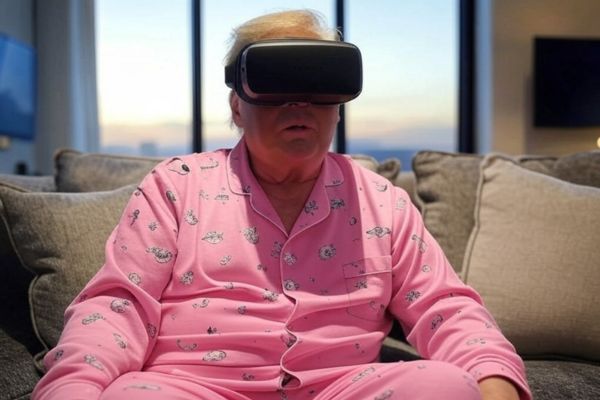 Donald Trump en pyjama rose portant un casque de réalité virtuelle, assis sur un canapé. Illustration humoristique pour représenter l'impact des technologies immersives en 2025.