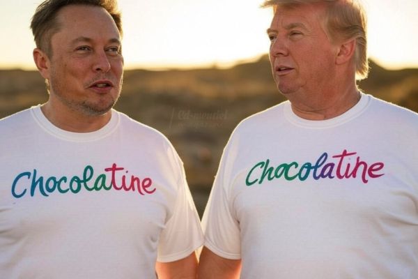 Montage humoristique réalisé avec l'IA Grok 2 montrant Elon Musk et Donald Trump portant des t-shirts "Chocolatine", en référence au débat sur le nom du célèbre pain au chocolat.