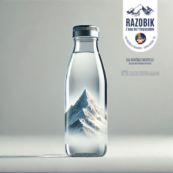 Présentation de la bouteille d'eau 33cl "L'Eau de L'Impossible" : eau minérale naturelle récoltée à l'épuisette (Crédit Photo : Razobik)