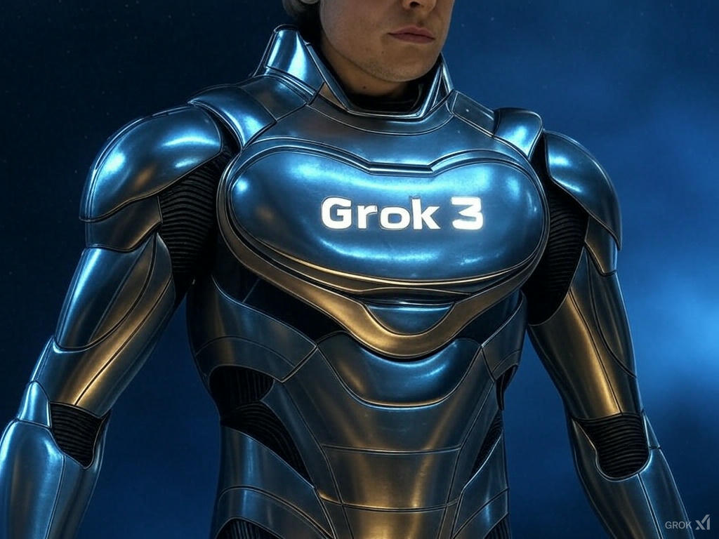 Elon Musk portant une armure futuriste d'Iron Man avec l'inscription lumineuse 'Grok 3' sur la poitrine, sur un fond d'espace étoilé avec des étoiles scintillantes et une nébuleuse, représentant l'IA avancée de xAI.