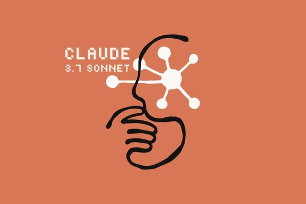 Logo de Claude 3.7 Sonnet IA par Anthropic, avec un profil humain en ligne noire et un graphique de réseau neuronal, sur un fond orange-terracotta, symbolisant l’intelligence artificielle et l’innovation.